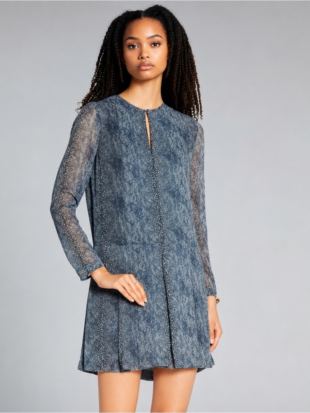 Tory Burch Georgette silk python print pleated long sleeve mini in blue - 0
